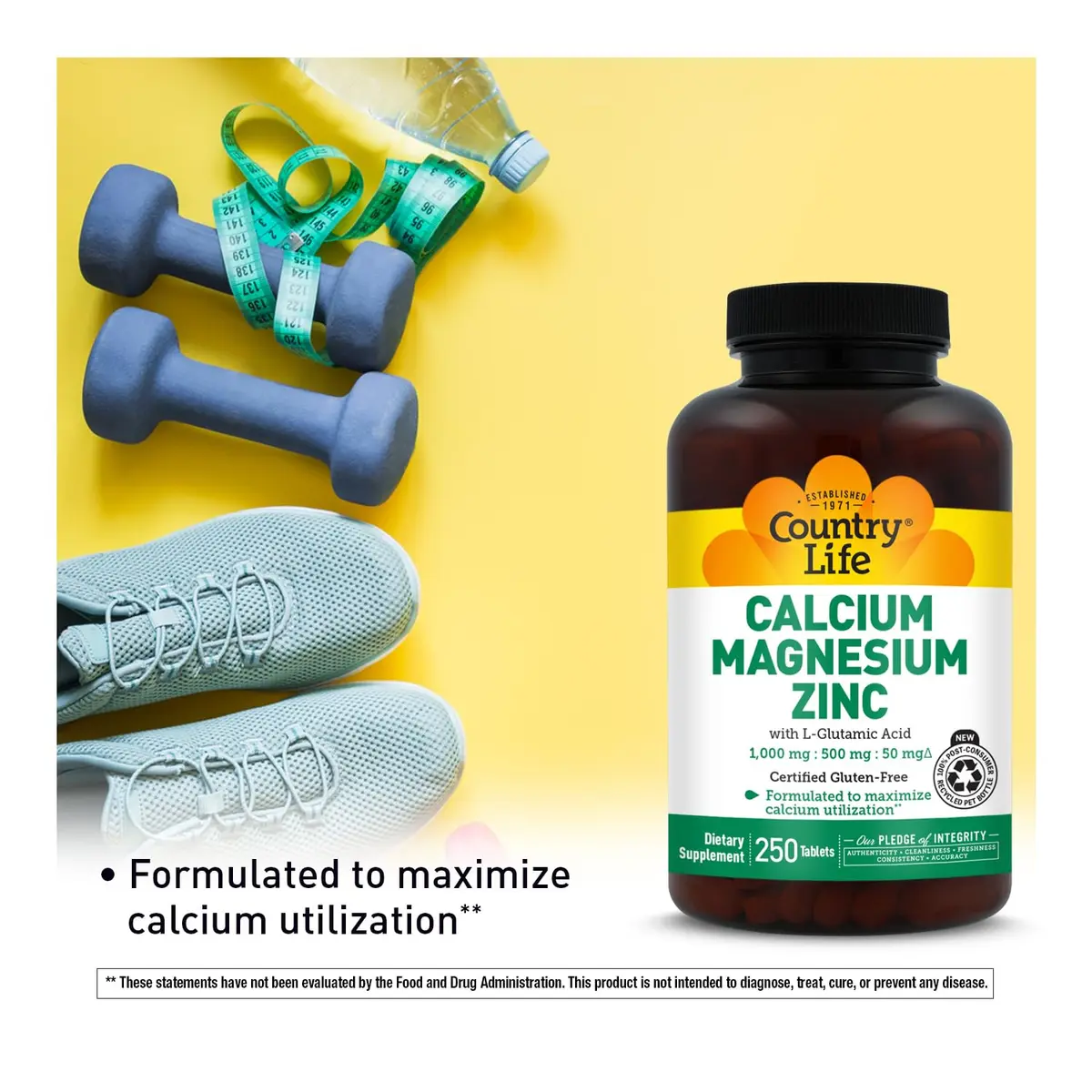 Country Life Calcium Magnesium Zinc with L-Glutamic Acid 250 Tablets | Bone & Muscle Support - view 4