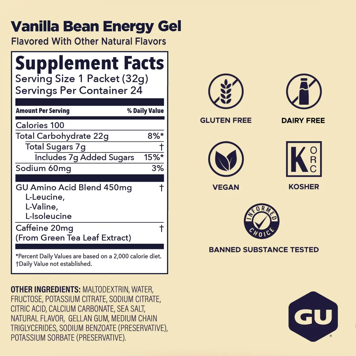 GU Energy Original Sports Nutrition Energy Gel Vanilla Bean 24 Count (1.5 lb / 680 g) | Dual Source Energy for Athletes - view 3