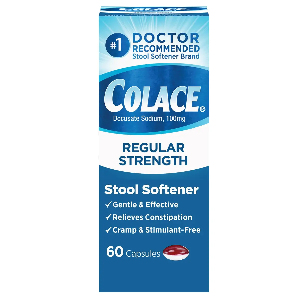 Colace Regular Strength Stool Softener Capsules 60 Count | Gentle Constipation Relief - main product image