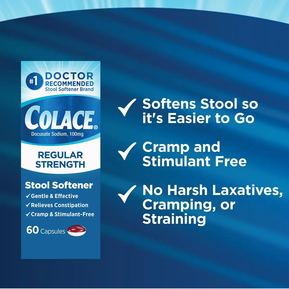 Colace Regular Strength Stool Softener Capsules 60 Count | Gentle Constipation Relief - view 5