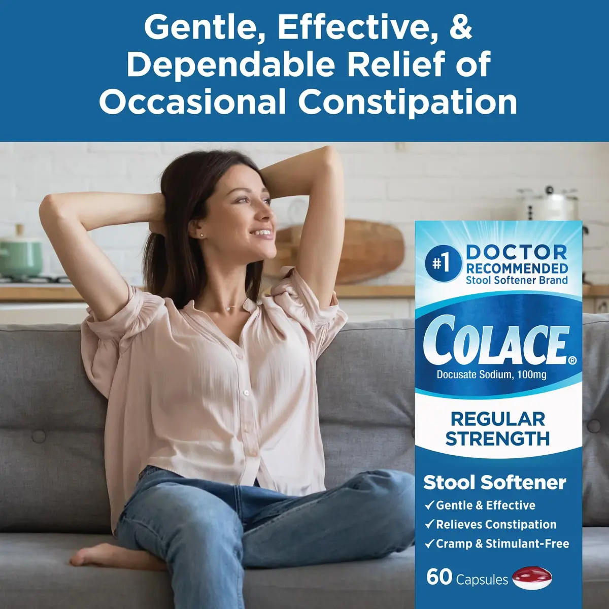 Colace Regular Strength Stool Softener Capsules 60 Count | Gentle Constipation Relief - view 3