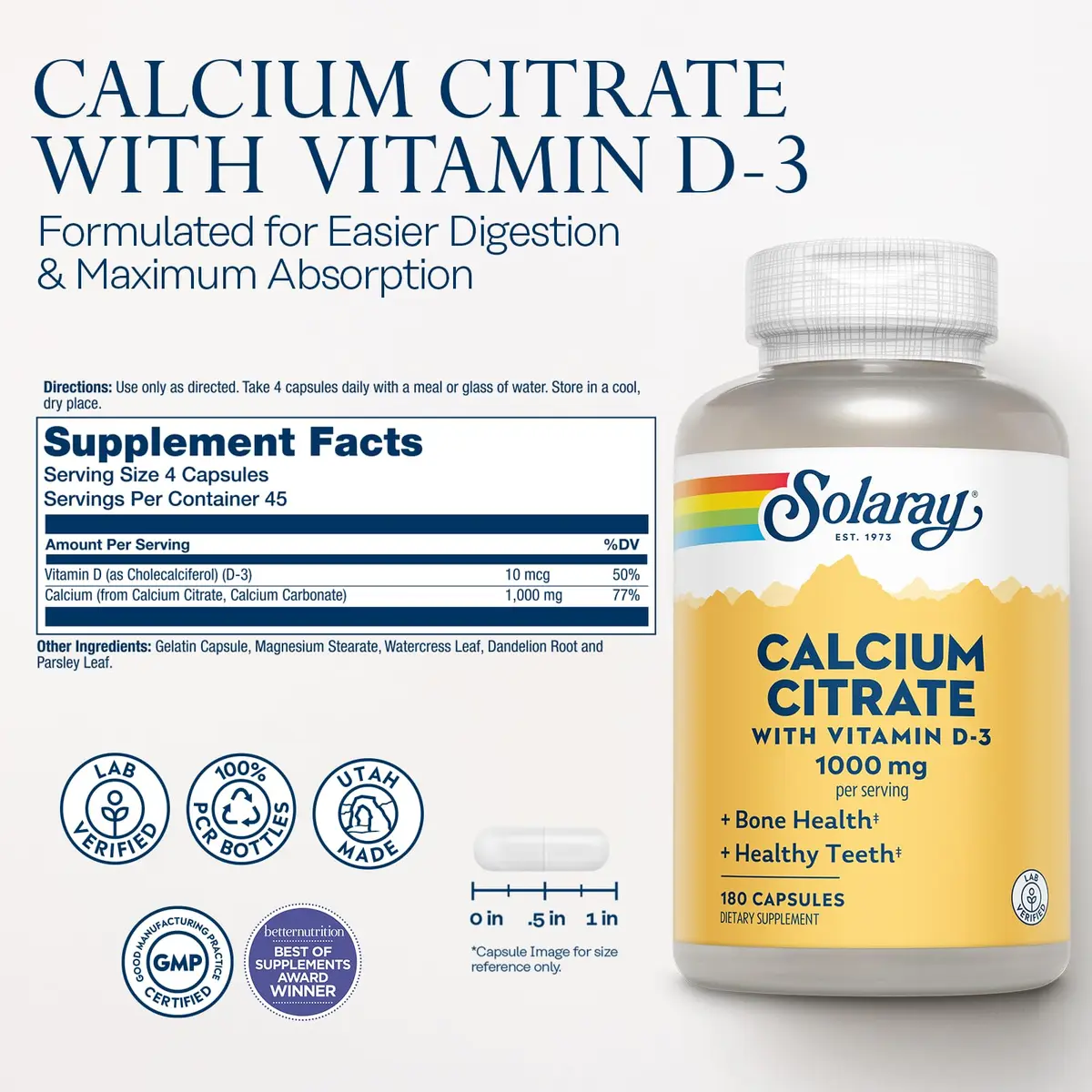 SOLARAY Calcium Citrate with Vitamin D3 1000 mg | Supports Bones & Teeth, Cardiovascular & Nerve Health - view 2