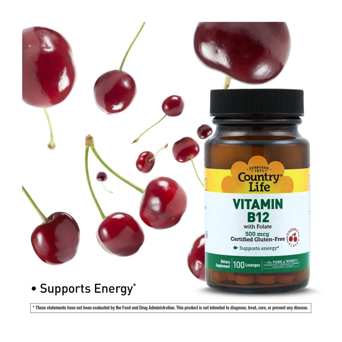 Country Life Vitamin B12 with Folate 500mcg | Supports Energy & Red Blood Cell Production (100 Lozenges) - view 2