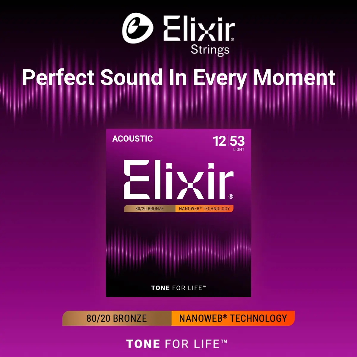 Elixir Acoustic Guitar Strings 80/20 Bronze NANOWEB Light 12-53 | Long-lasting, bright tone - view 2