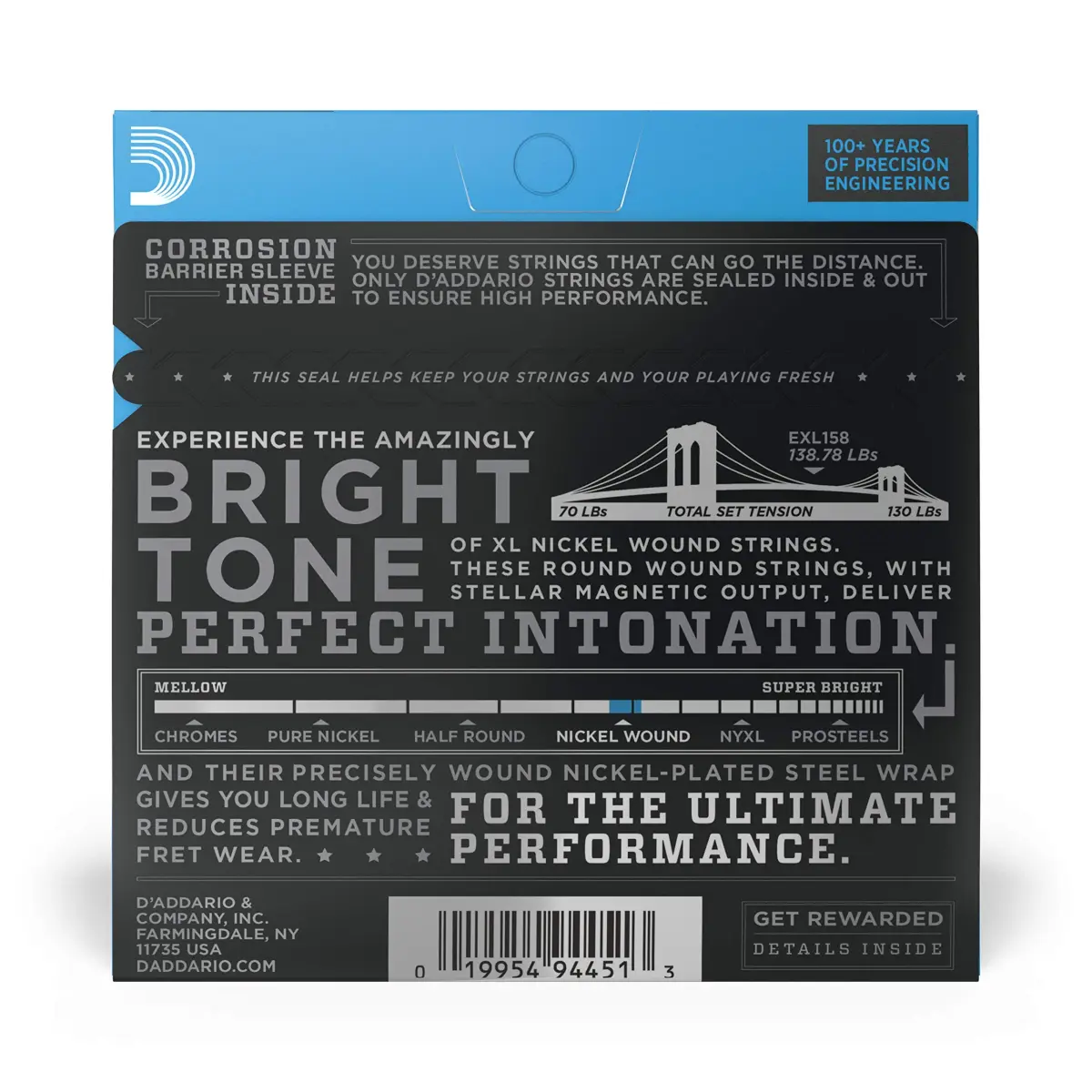 D'Addario XL Nickel EXL158 Baritone Electric Guitar Strings 13-62 (0.33-1.57 mm) | Bright Tone & Perfect Intonation - view 2