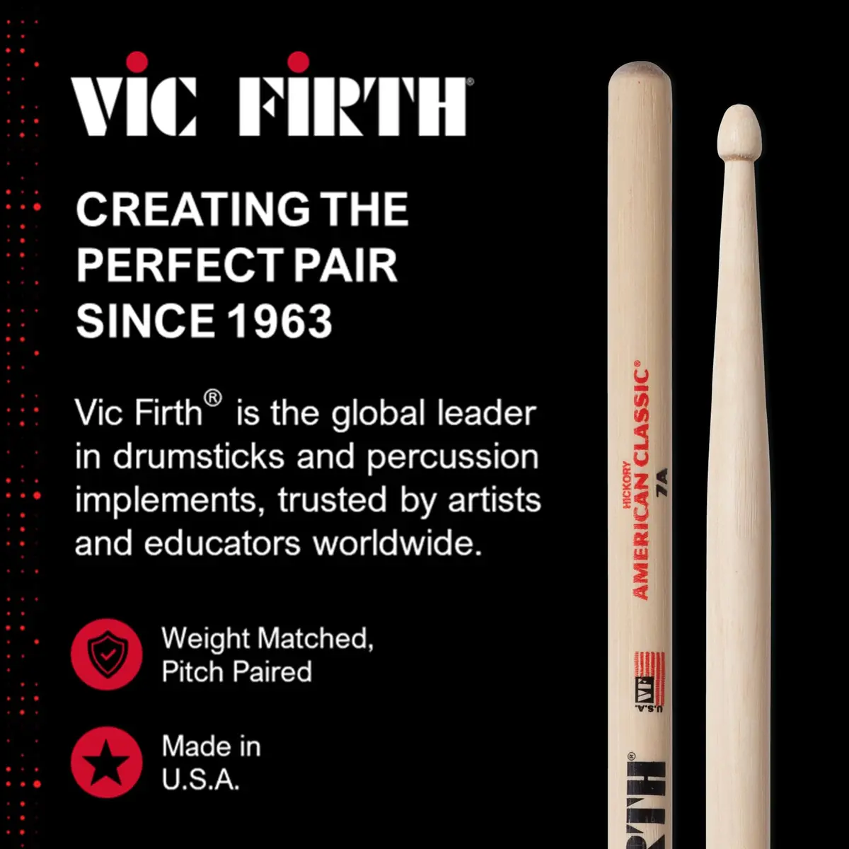 Vic Firth American Classic 7A Drumsticks | Hickory Wood, Nylon Tip Pair (39.37 cm / 15.5 in) - view 8
