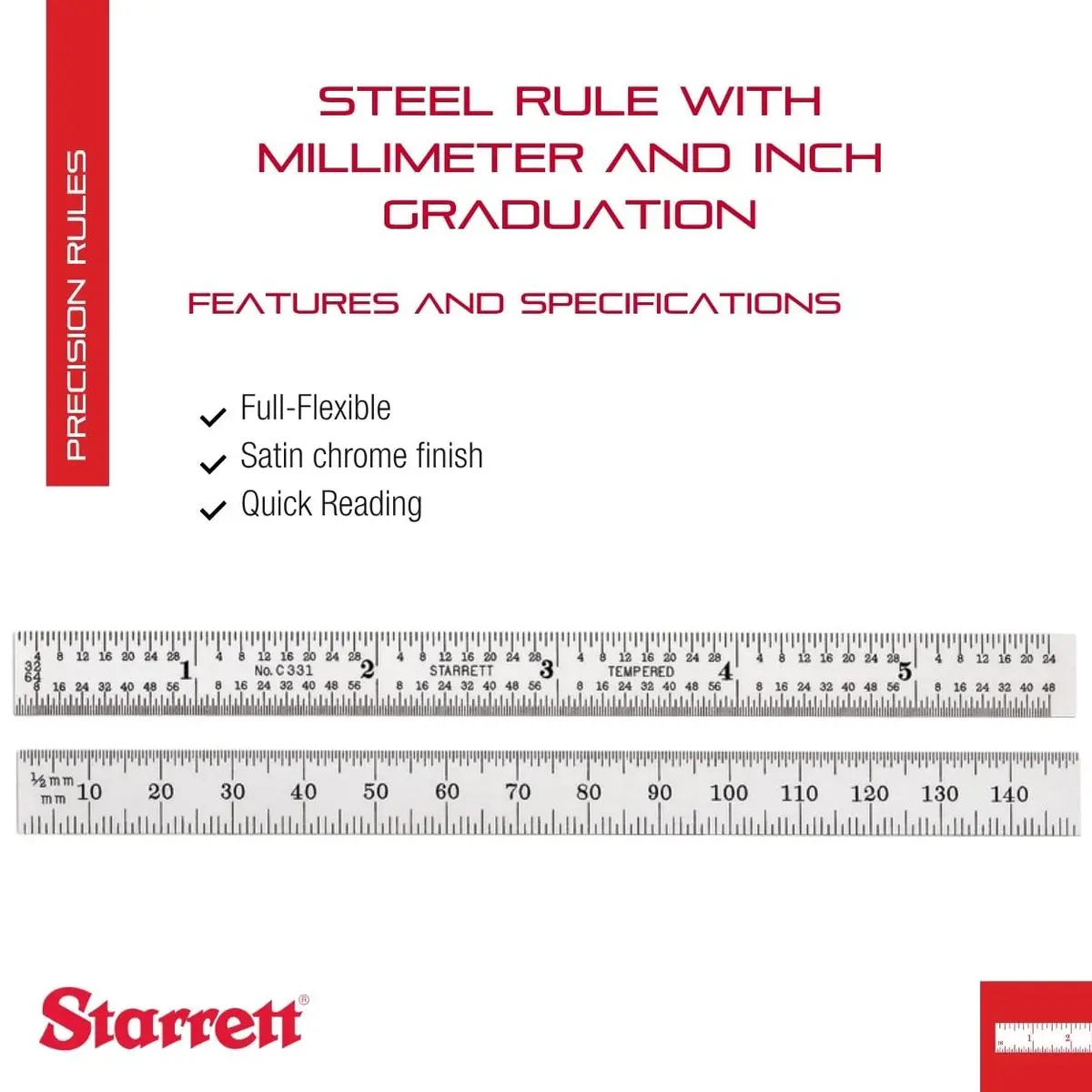 Starrett Full Flexible Steel Rule, 5-3/4" Length, 0.4mm Thickness | Precision Steel Measuring Tool - view 2