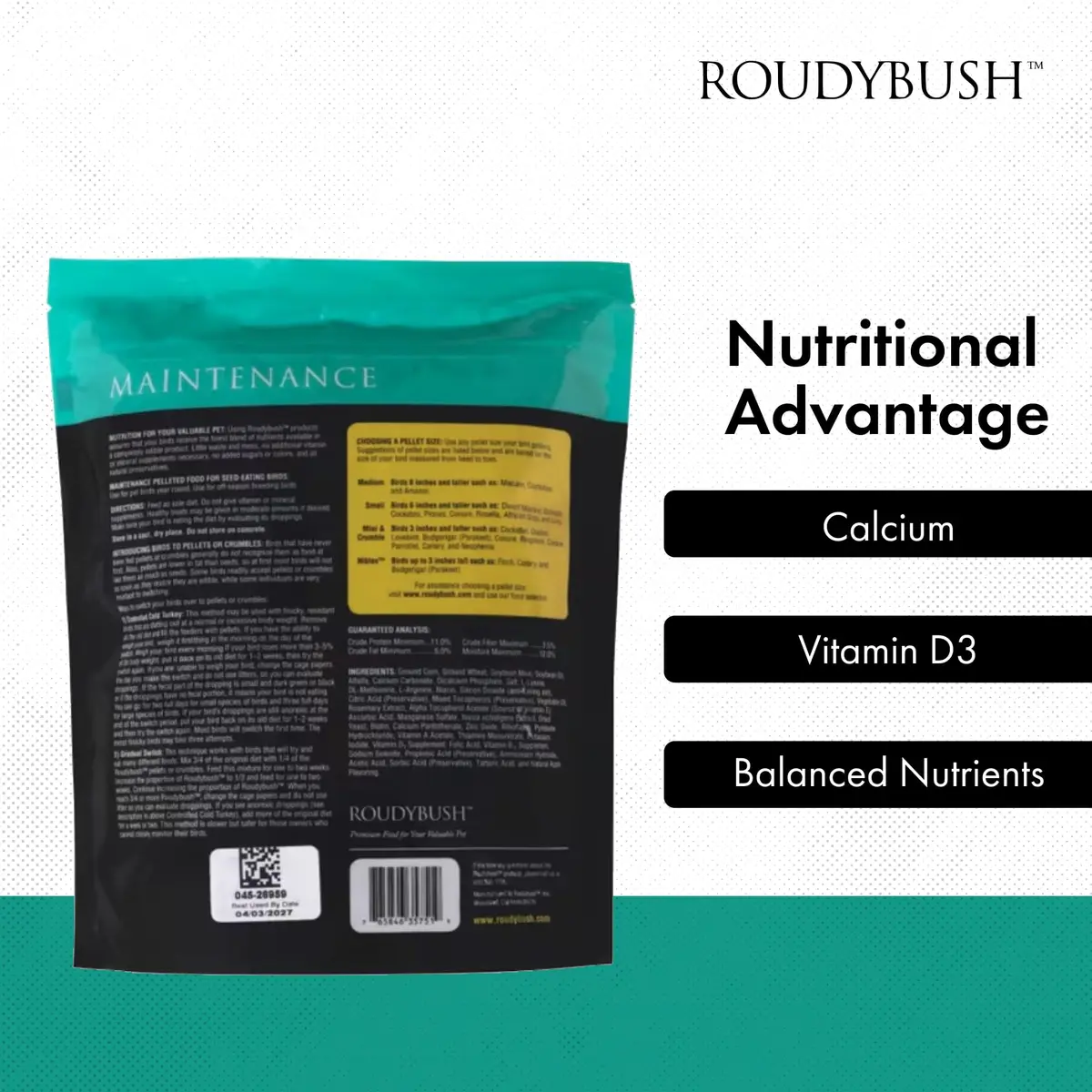 RoudyBush Daily Maintenance Bird Food Medium Pellets 1.27 kg (2.8 lb) | Scientifically Formulated for All Life Stages - view 5