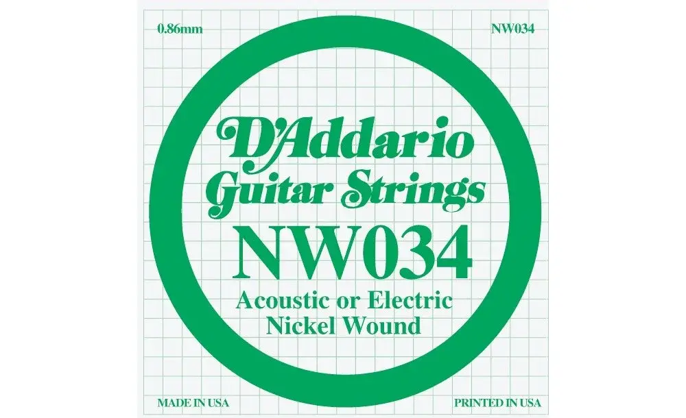 D'Addario NW034 Nickel Wound Electric Guitar Single String .034 Gauge (0.86 mm) | Bright Tone & Excellent Intonation - main product image