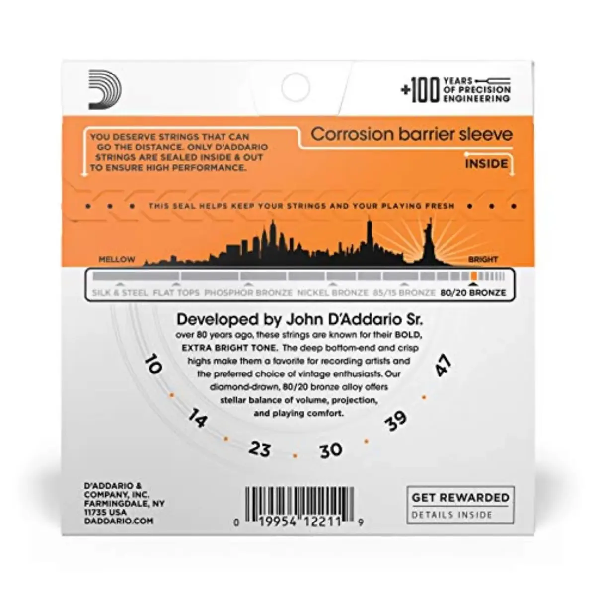 D'Addario EJ10 80/20 Bronze Acoustic Guitar Strings, Extra Light 10-47 | Bright, Treble-Heavy Tone - view 2