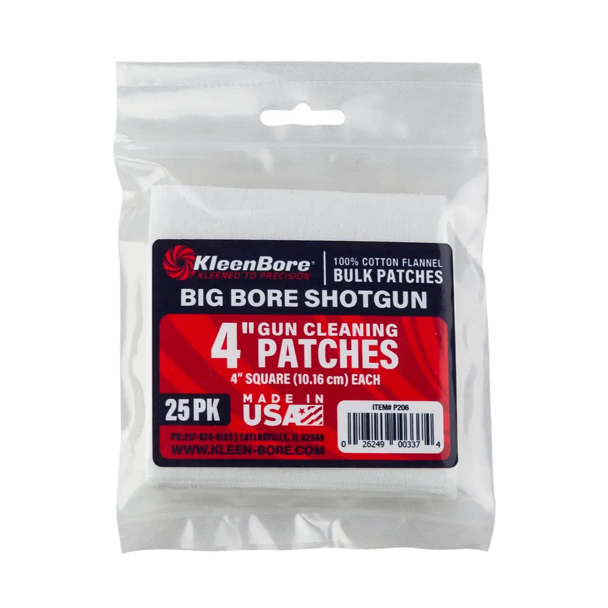 KleenBore 4" Square Cleaning Patches 25 Pack for Large Caliber & Shotgun | Precision Cut Cotton Flannel, Made in USA - main product image