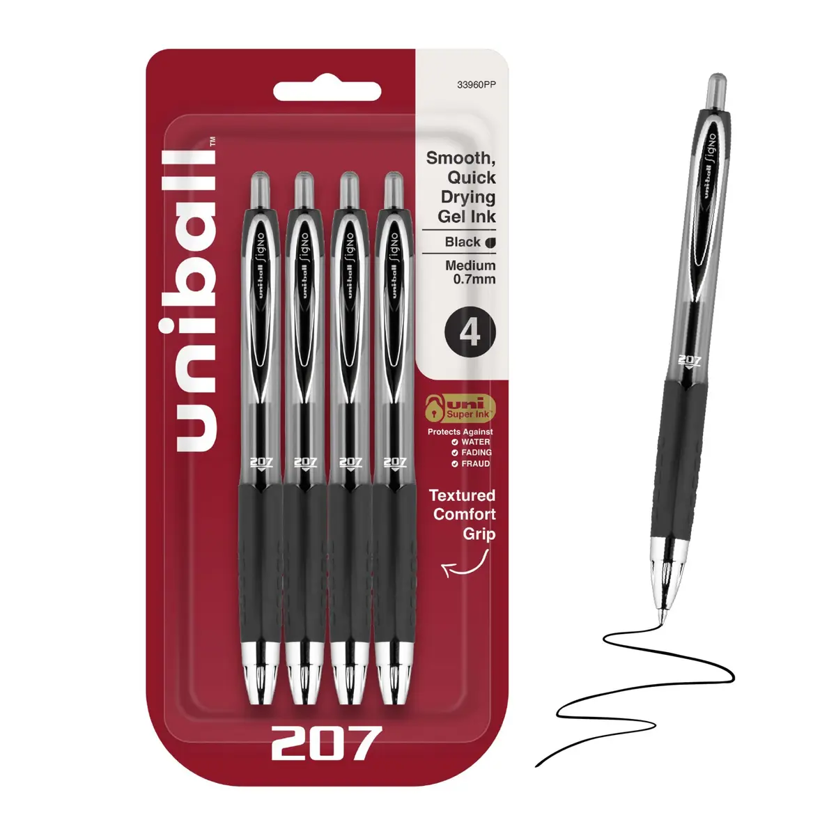Uni-Ball 207 Retractable Gel Pens Black Ink 0.7mm Medium Point 4 Count | Smooth Writing for Students & Office - main product image