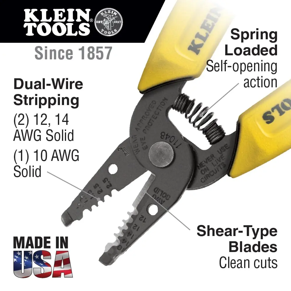 Klein Tools 11048 Dual Wire Stripper Cutter 10-14 AWG Solid Wire | Strips Two Wires Simultaneously - view 2