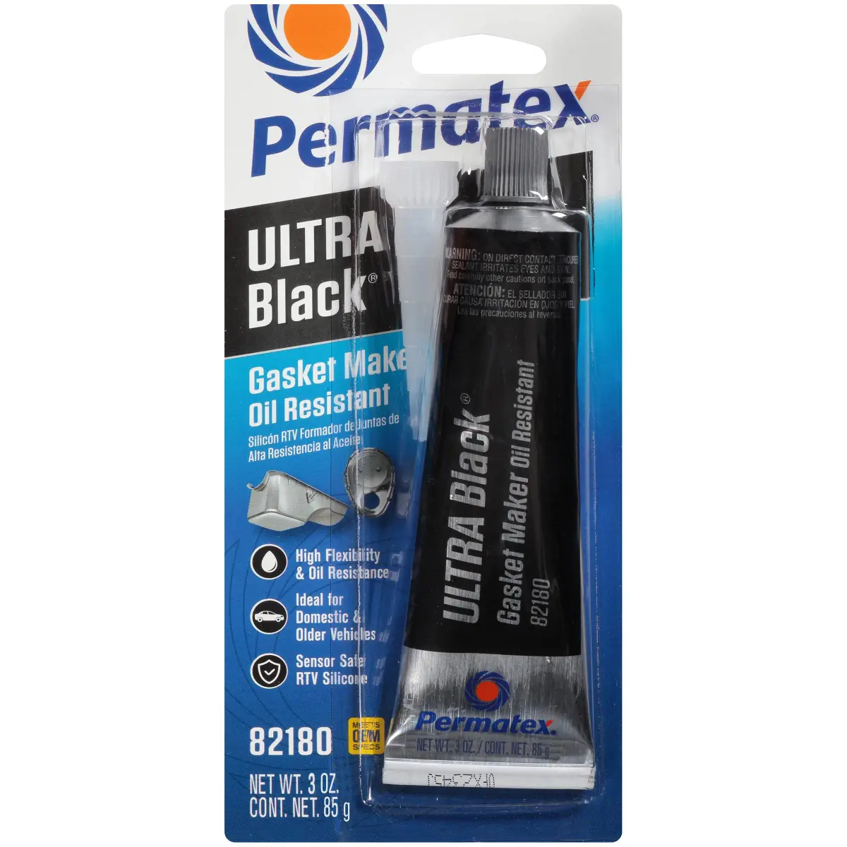 Permatex 82180 Ultra Black Maximum Oil Resistance RTV Silicone Gasket Maker, Sensor Safe and Non-Corrosive, for High Flex and Oil Resistant Applications 3 oz - main product image