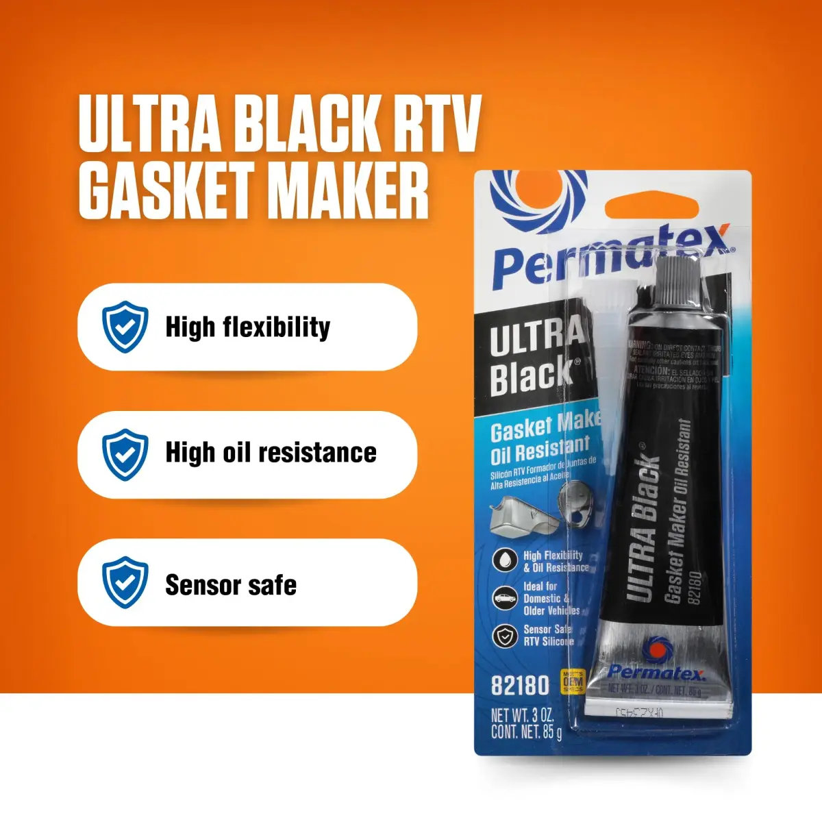 Permatex 82180 Ultra Black Maximum Oil Resistance RTV Silicone Gasket Maker, Sensor Safe and Non-Corrosive, for High Flex and Oil Resistant Applications 3 oz - view 2
