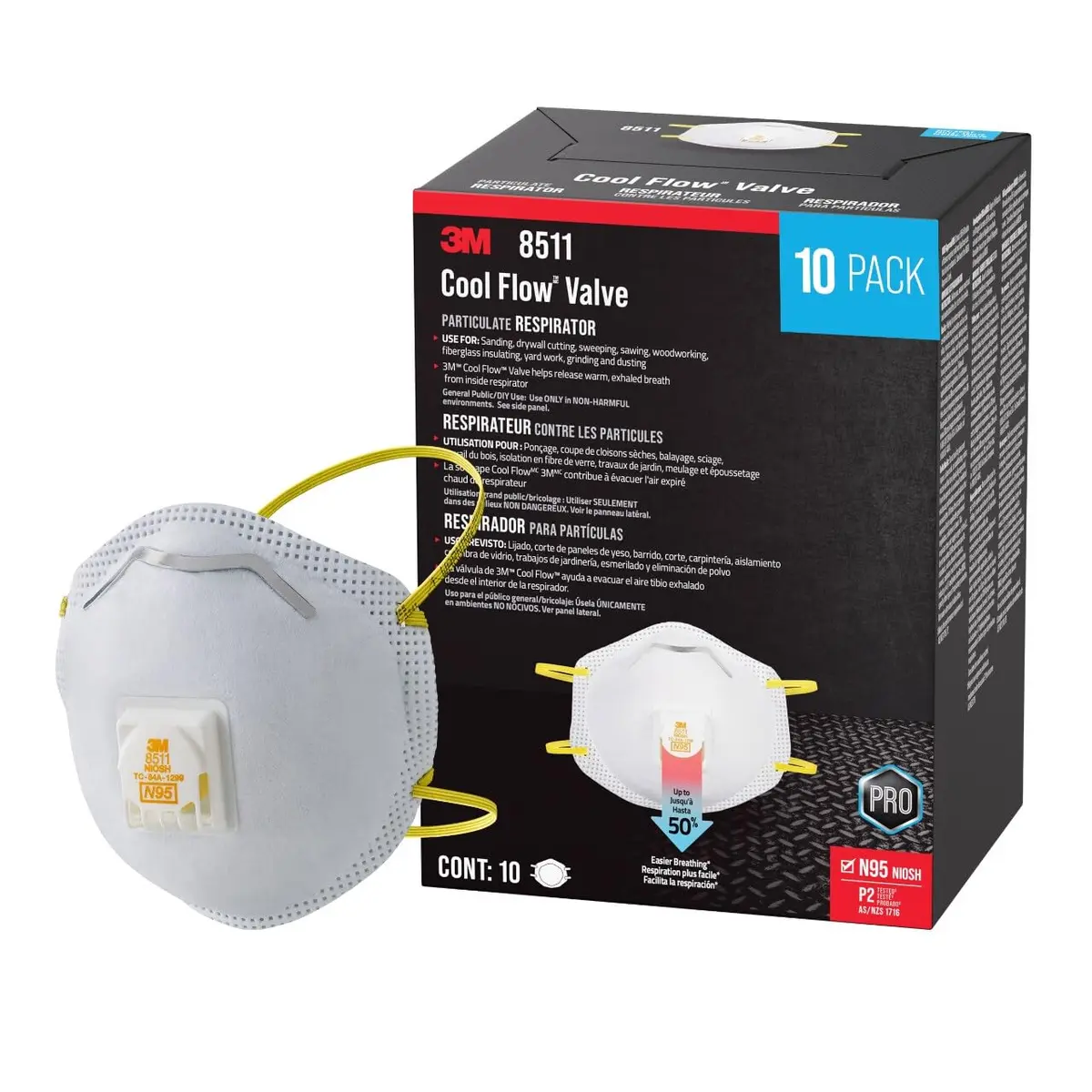 3M 8511 N95 Cool Flow Valved Respirator 10-Pack | NIOSH Approved for 95% Filtration - main product image