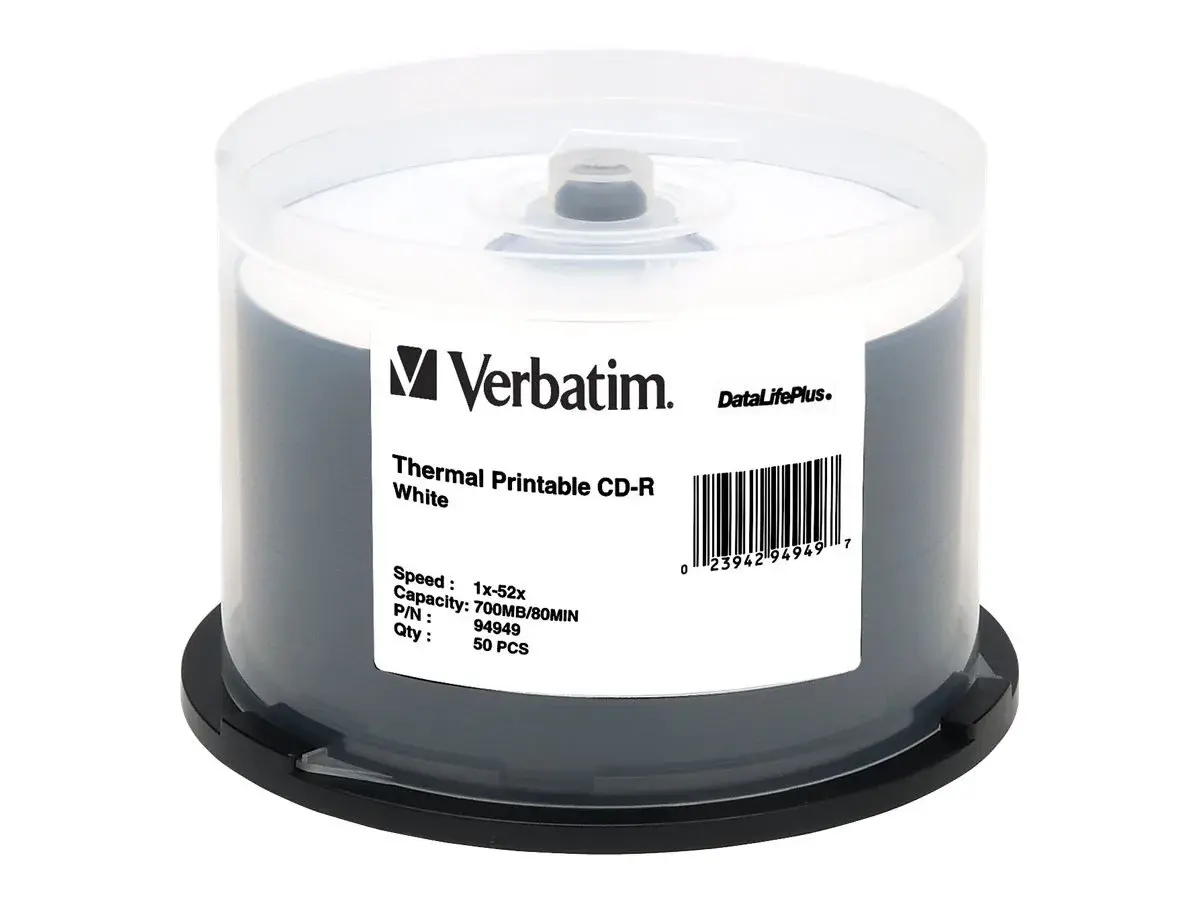 Verbatim DataLifePlus White Thermal Printable CD-R 700MB 52X (50pk Spindle, 80 Min) | Archival Quality for Audio & Data - main product image