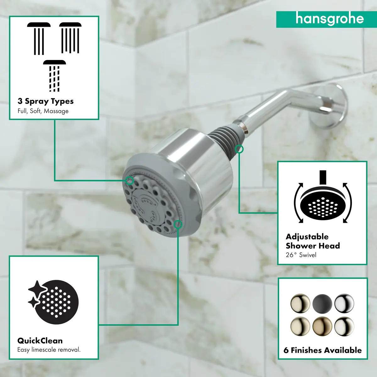 hansgrohe Clubmaster 4-inch Showerhead 10.2 cm (4 in) Chrome | 3-Spray Full, Pulsating Massage, Soft Spray with QuickClean - view 3