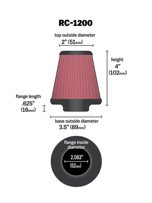 K&N High-Flow Universal Clamp-On Air Filter 2.0625 In Flange Diameter | Reusable, High Performance - view 2