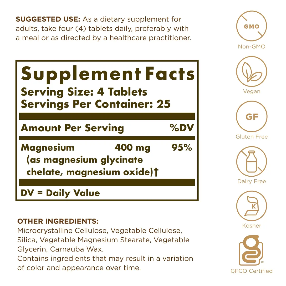 Solgar Chelated Magnesium Tablets 100 Count (227 g / 0.5 lb) | Gluten-Free, Vegan, Non-GMO Mineral Supplement - view 2