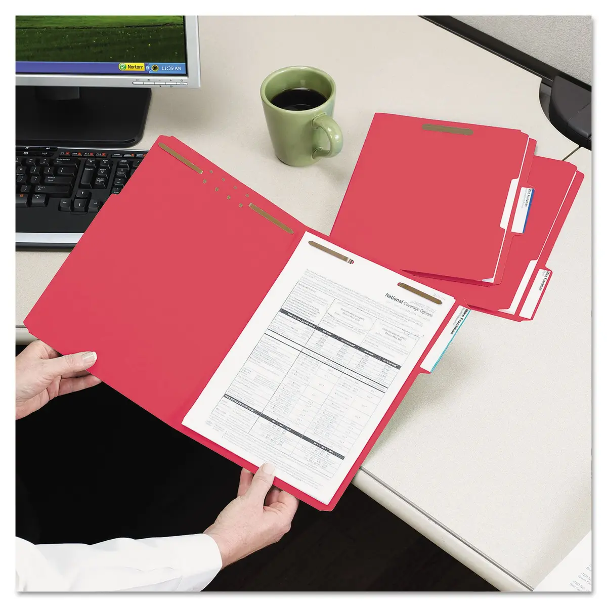 SMEAD Red Fastener File Folders with Prongs 3 Tab Letter Size | Durable, Environmentally Responsible Office File - view 2