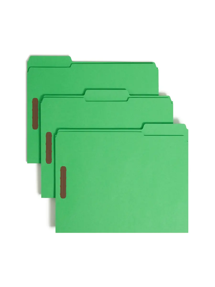 SMEAD Fastener File Folder with Prongs, 3 Tab Letter Size | Green 50 Pack, 11-5/8 x 9-1/2 inches - main product image