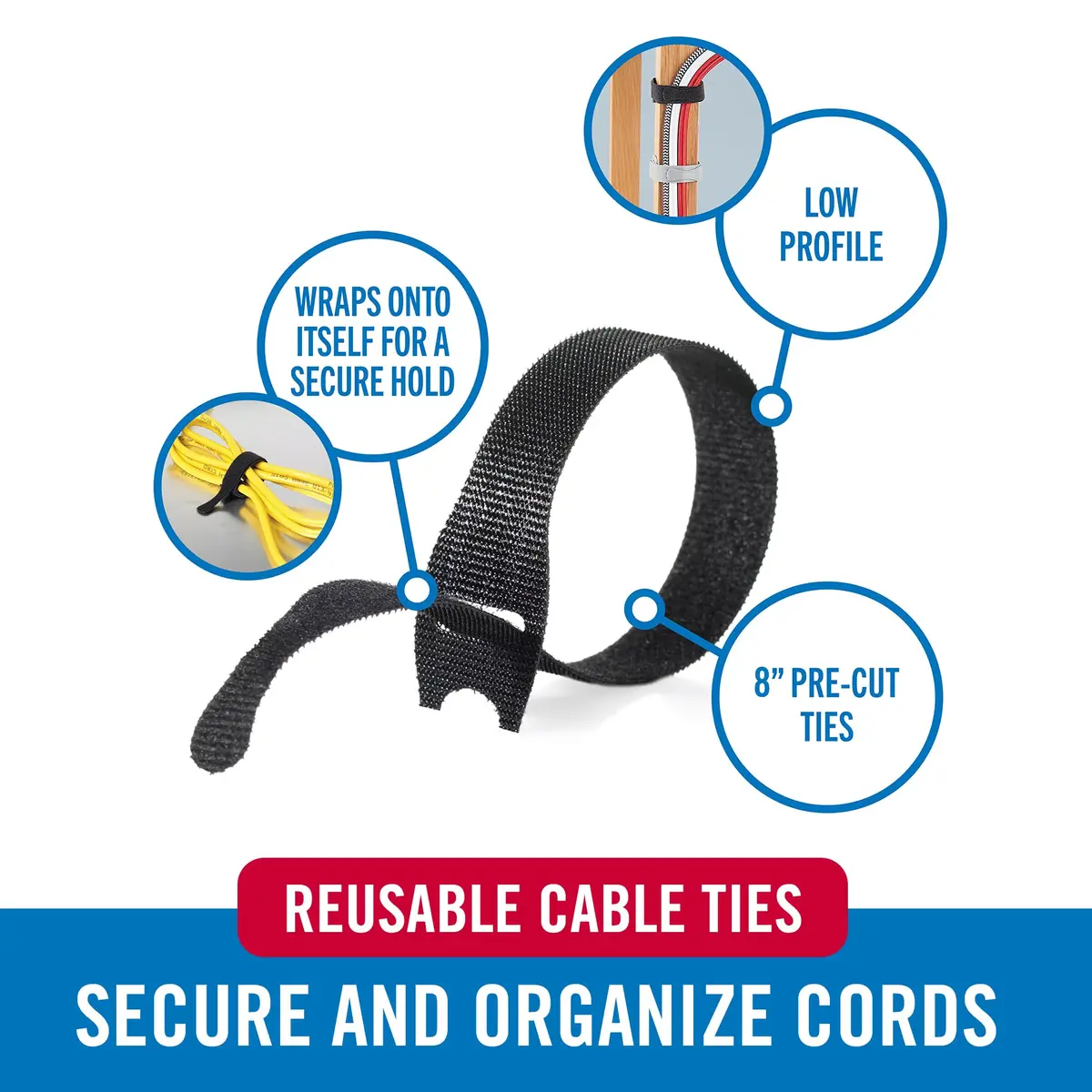 VELCRO Brand ONE-WRAP Cable Ties, 8in x 1/2in, Black, 25 Pack | Reusable Wire & Cord Organizer - view 2