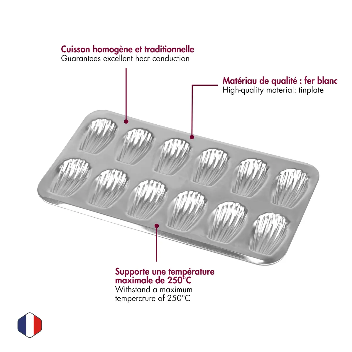 Gobel Madeleine Pan 12 Shells 15.6 x 7.9 in | Traditional Tin Plated Steel for Perfect Shell-Shaped Cakes - view 2