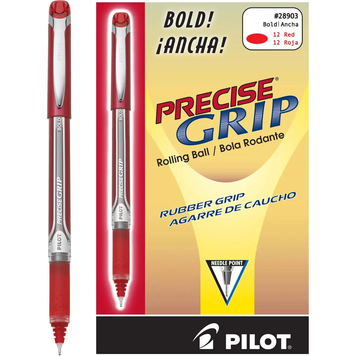 Pilot Precise Grip Liquid Ink Rolling Ball Stick Pens, Bold Point, Red Ink | Skip-Free, Water & Fade Resistant (12-pack, 1.0mm) - main product image