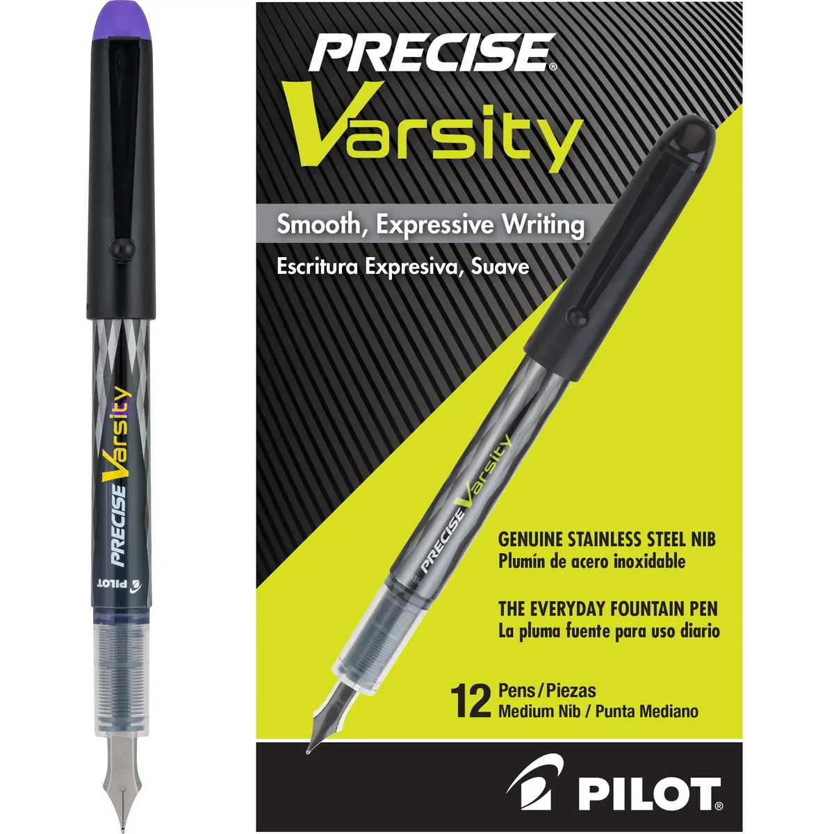 PILOT Precise Varsity Pre-Filled Fountain Pens 1.0mm | Purple Ink Disposable Pack of 12 - main product image