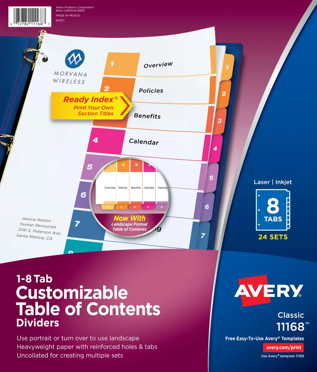 Avery Ready Index Table of Contents Dividers, 8-Tab, Color, 24 Sets | Printable & Reinforced for Professional Organization - main product image