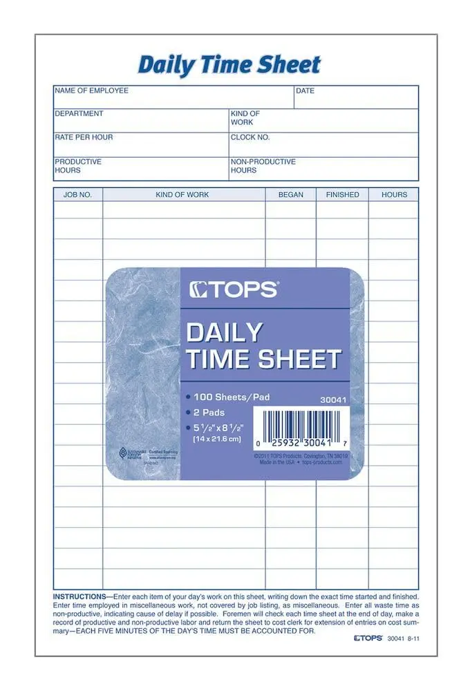 TOPS Daily Employee Time and Job Sheet 21.6 x 24.1 cm (8.5 x 9.5 Inches) | Tracks Daily Work Hours and Project Completion - main product image