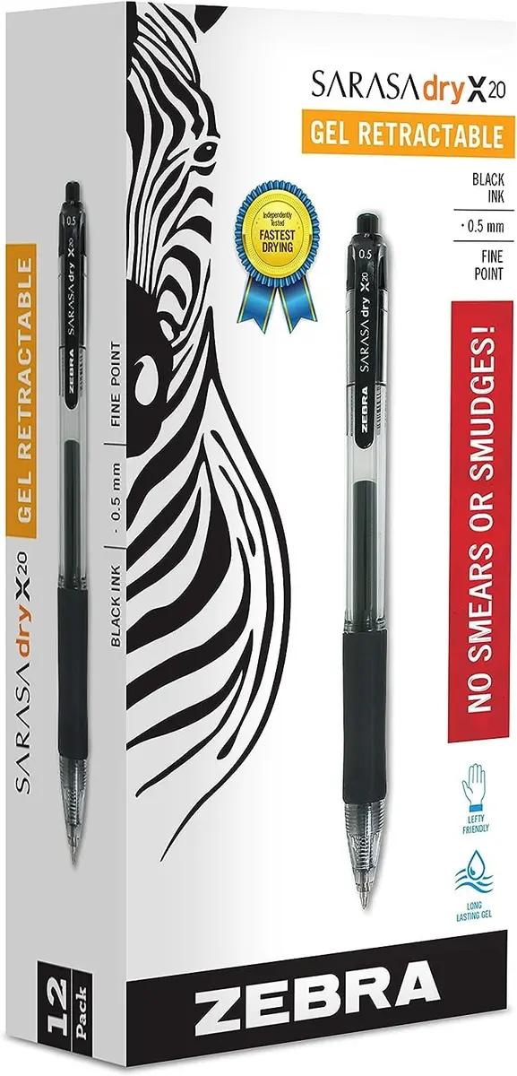Zebra Pen SARASA X20 Retractable Gel Pen 0.5mm | Fast-Dry, Left-Hand Friendly, 12-Pack - main product image