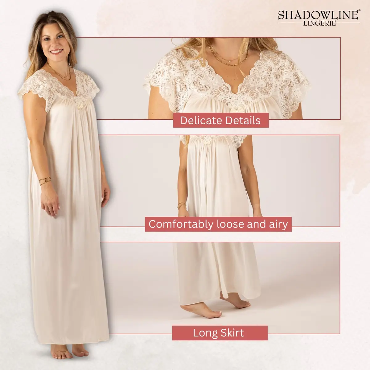 Shadowline Women’s Ivory Long Lace Nightgown | 53" Length Elegant Sleepwear from Satintrique Nylon - view 3