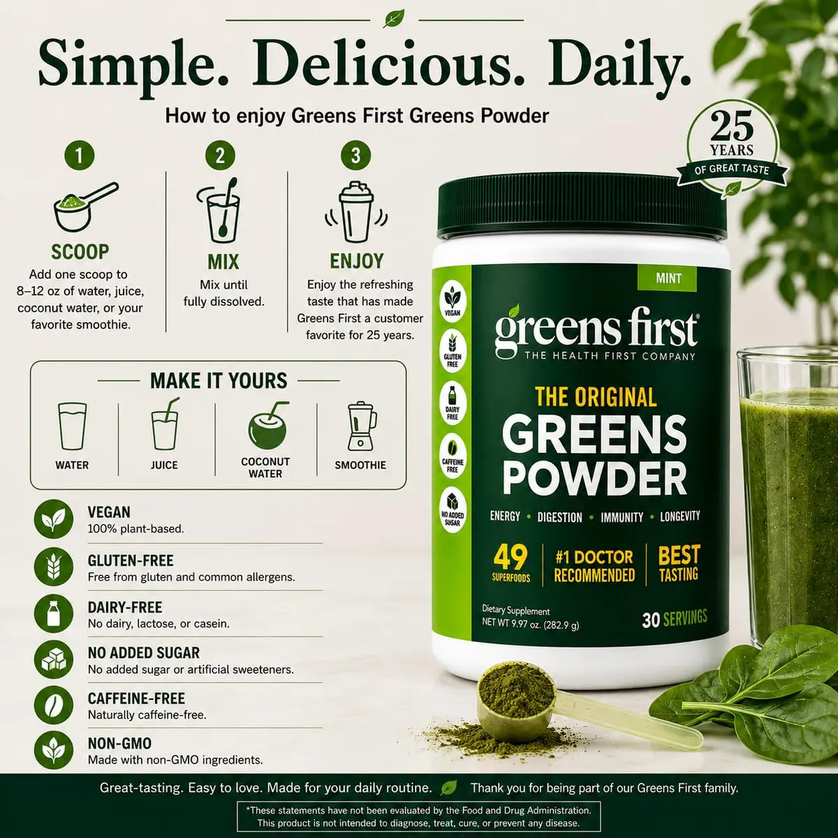 Greens First Original Greens Powder, Mint, 8.96 Ounce (Pack of 1) | 49 Superfoods & Digestive Support - view 6