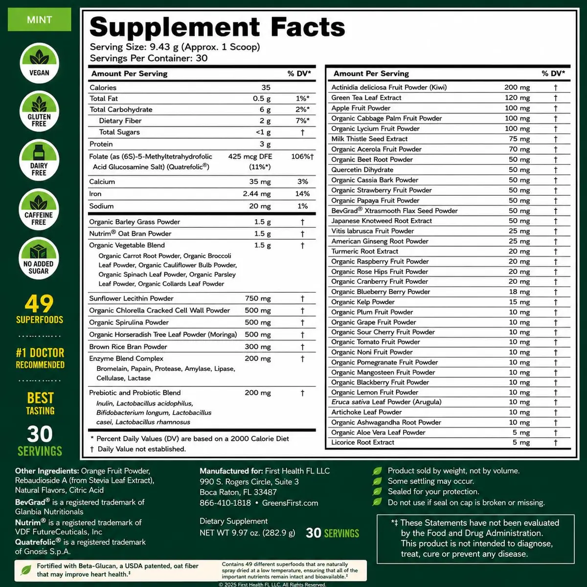 Greens First Original Greens Powder, Mint, 8.96 Ounce (Pack of 1) | 49 Superfoods & Digestive Support - view 2