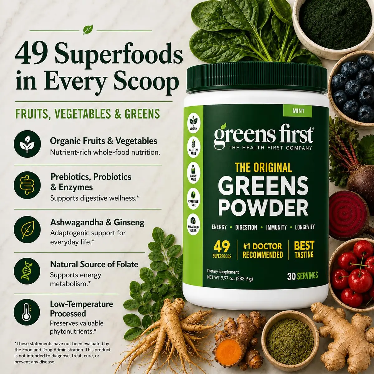 Greens First Original Greens Powder, Mint, 8.96 Ounce (Pack of 1) | 49 Superfoods & Digestive Support - view 3