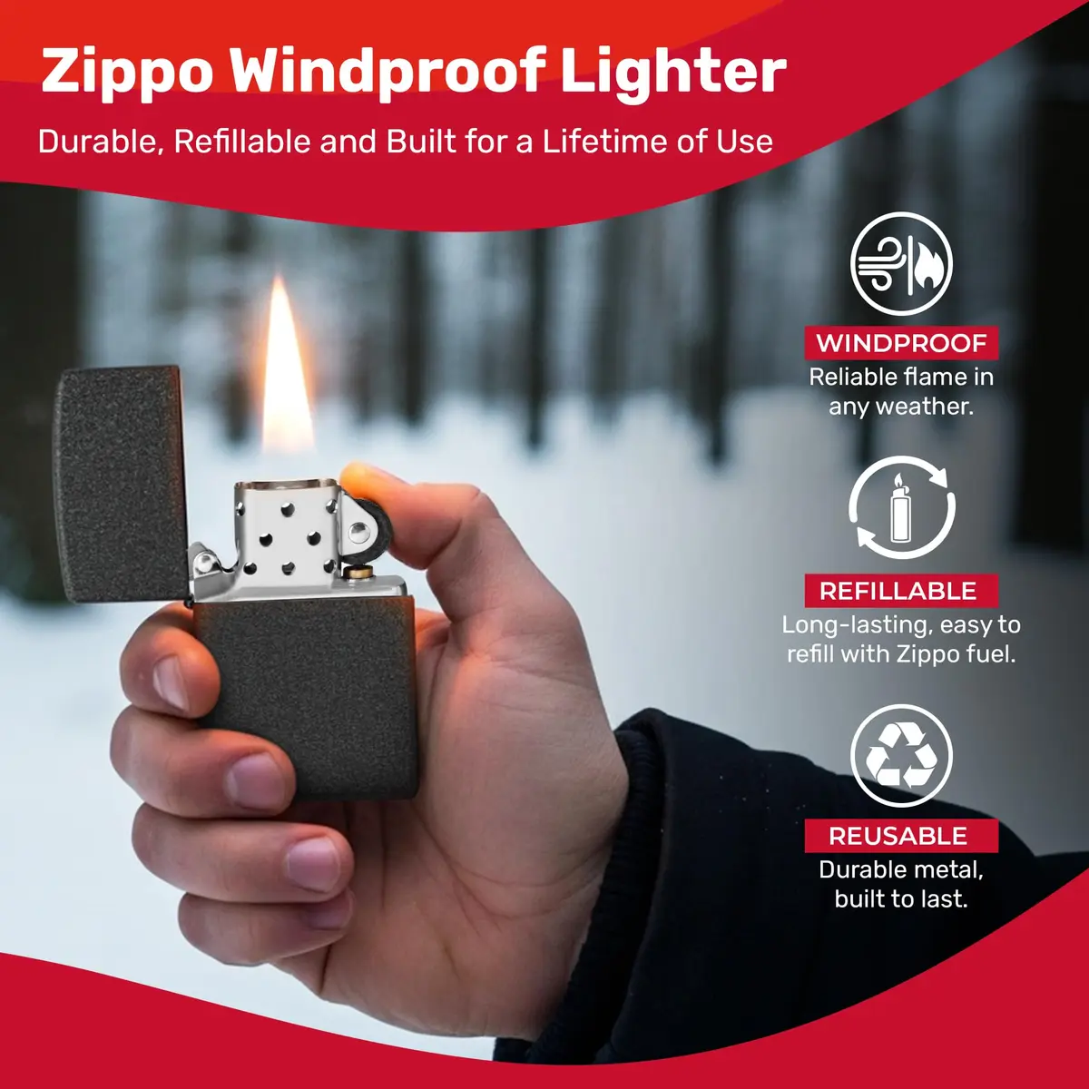 Zippo Classic Black Crackle Pocket Lighter - Windproof & Refillable Metal Lighter | Everyday Use, Made in USA - view 4