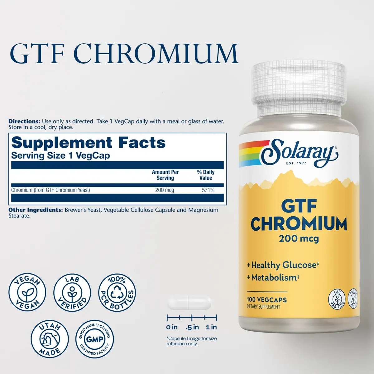 SOLARAY GTF Chromium 200mcg | Supports Metabolism & Energy | Vegan, Lab Verified, 100 VegCaps - view 2