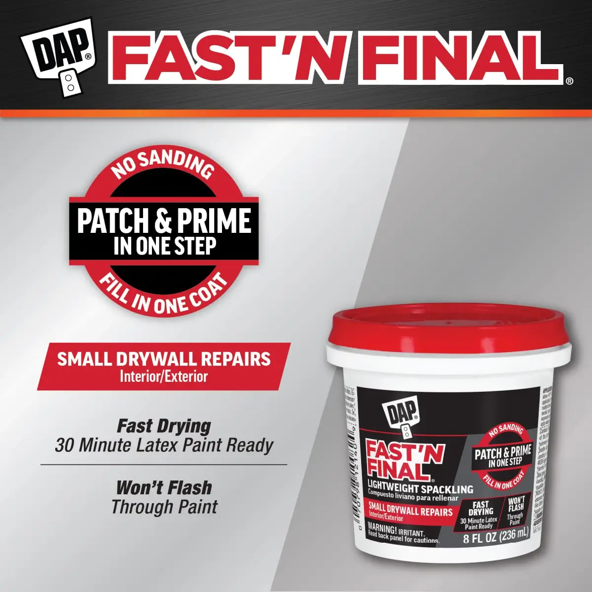 DAP Fast 'N Final Lightweight Spackling Paste White 227 g (8 Oz) | Patch and Prime in One Step - view 2