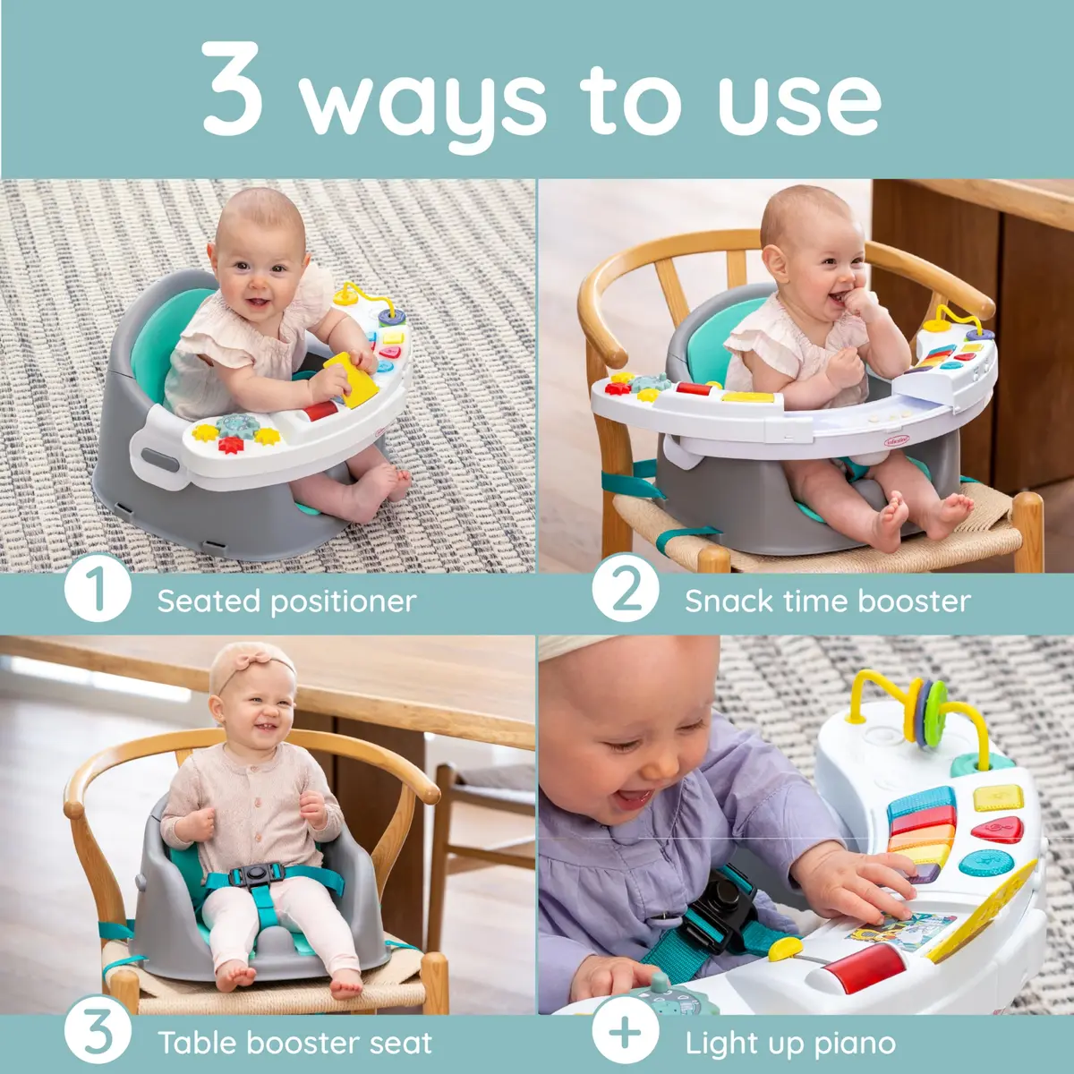 Infantino Music & Lights 3-in-1 Discovery Seat & Booster, Teal | Grows from play to mealtime - view 2