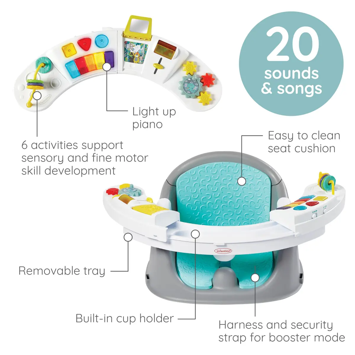 Infantino Music & Lights 3-in-1 Discovery Seat & Booster, Teal | Grows from play to mealtime - view 3