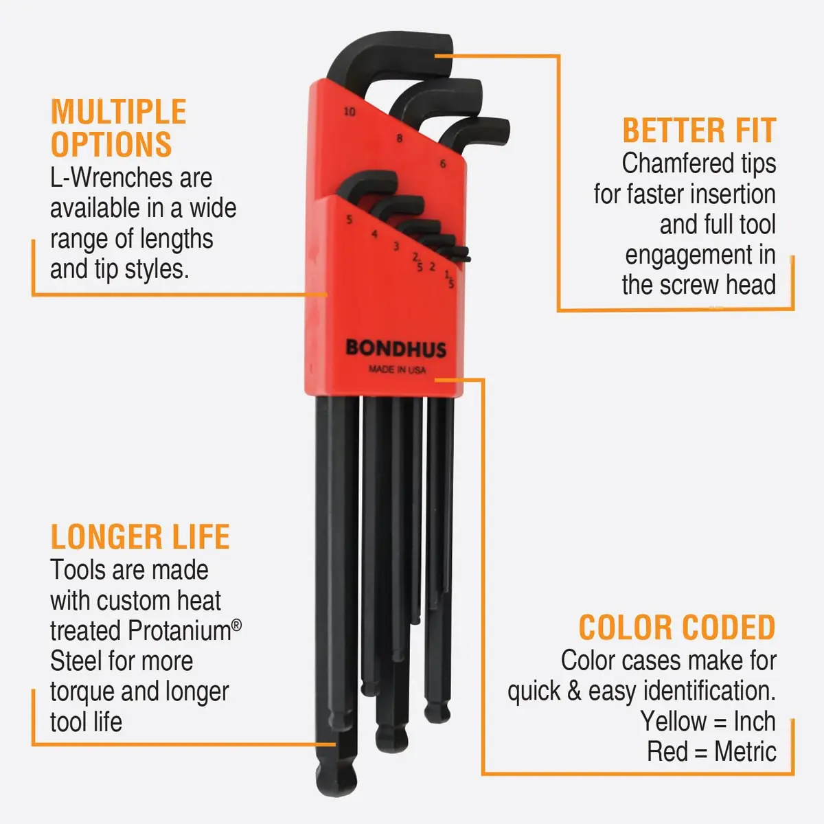 Bondhus 20599 Stubby Ball End Hex Key Set 1.5-10mm (0.050-3/8") | 20% Stronger Protanium Steel - view 2