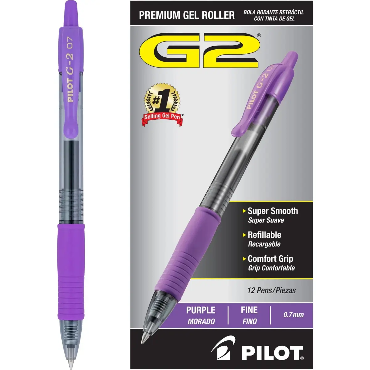 Pilot G2 Premium Gel Roller Pens, Fine Point 0.7 mm, Purple Ink, Pack of 12 | Smooth Ink Flow Writing Instrument - main product image