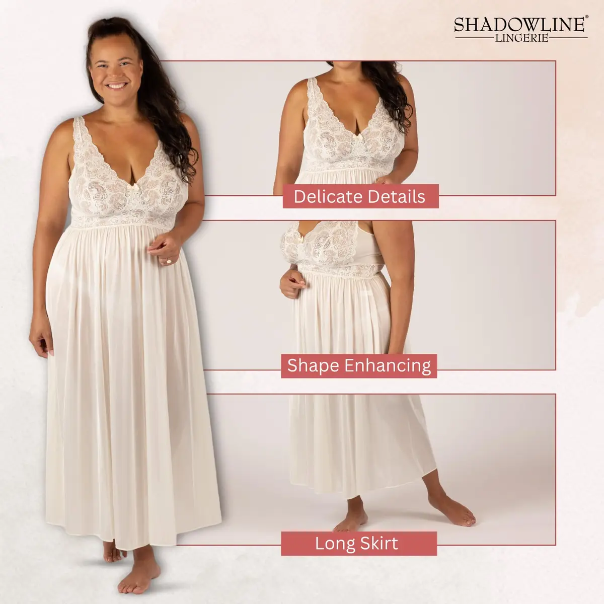Shadowline Women’s Ivory Long Lace Bodice Nightgown | Elegant Sleepwear from USA, 53” Length, Sleeveless - view 3