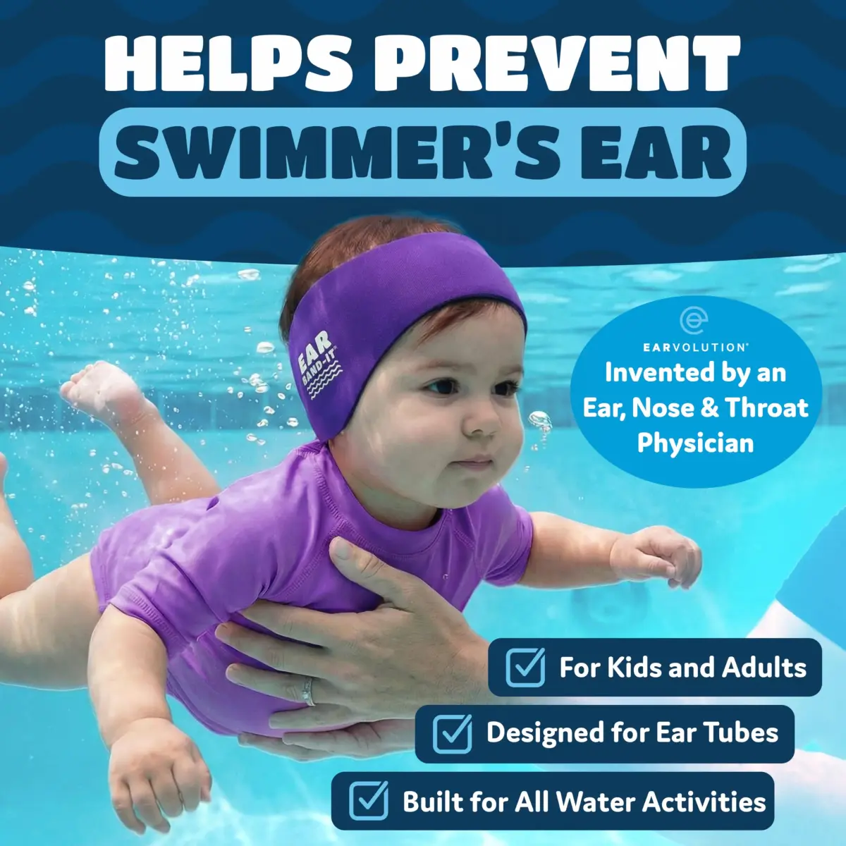 Ear Band-It Original Swimming Headband Teal Large | Doctor-Invented Ear Protection for Kids & Adults - view 2