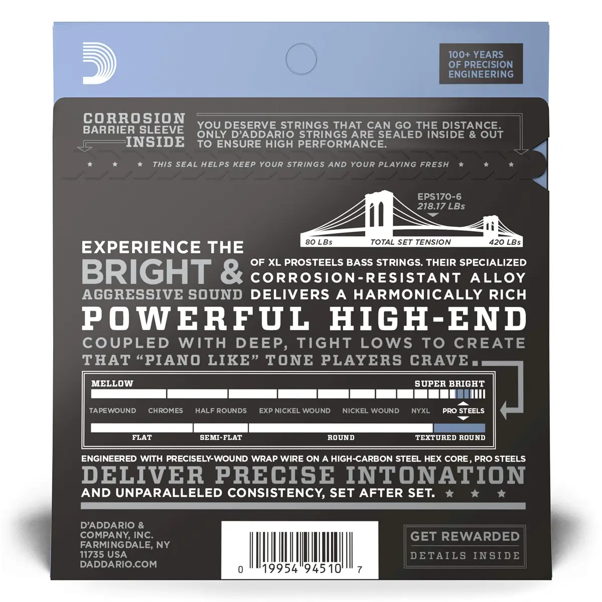 D'Addario XL ProSteels Bass Strings EPS170-6, 32-130, 6-String | Bright Tone, Tight Lows, USA-Sourced - view 2