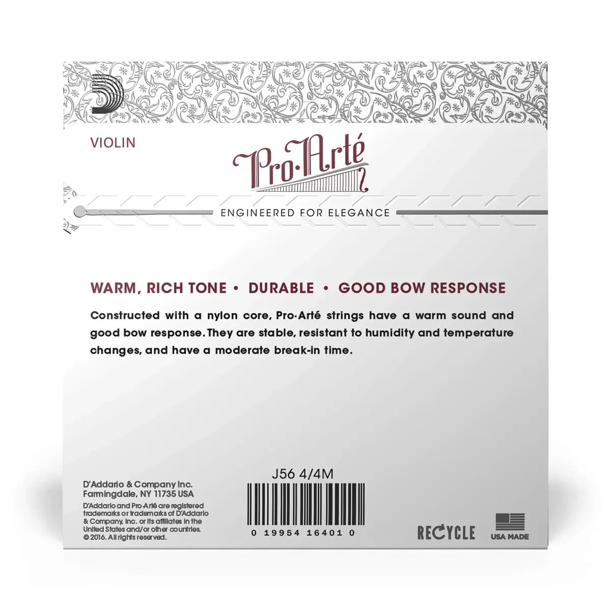 D'Addario J56 Pro-Arte Nylon Violin Strings Medium Tension 4/4 Scale | Warm Mellow Tone - view 3