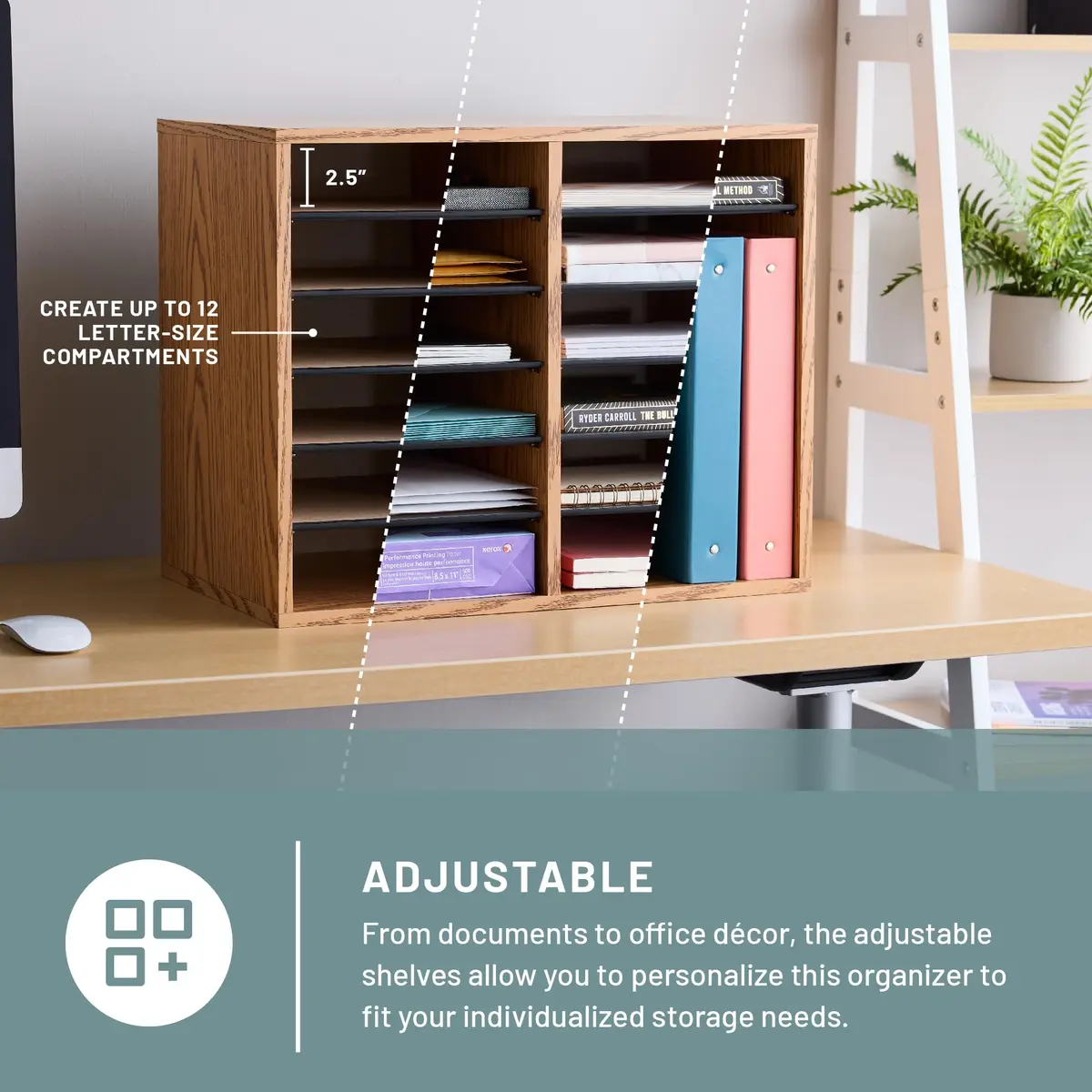 Safco Literature Organizer 12 Compartments | Adjustable Wooden Desk Storage for Office & Classroom - view 2