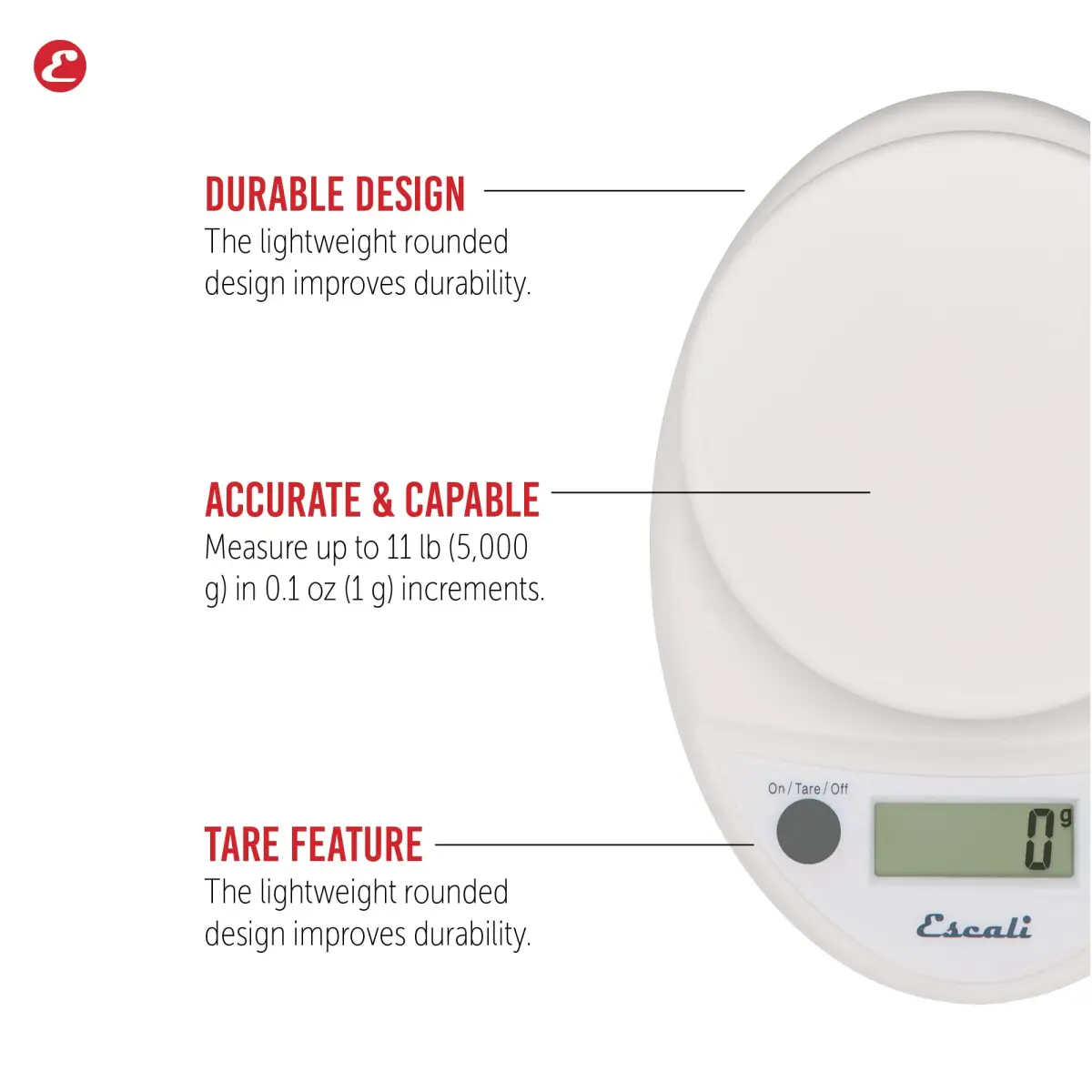 Escali Primo Digital Kitchen Scale White | Precise Weight Measuring & Portion Control (5kg/11lb) - view 2